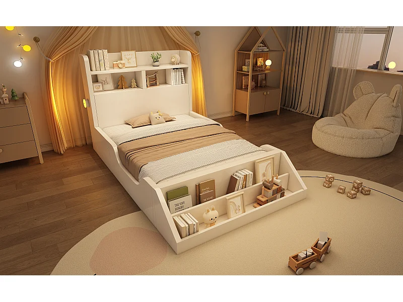Cama individual infantil 90x200 cm en madera con luz de noche y estante - Blanco (colchón no incluido)