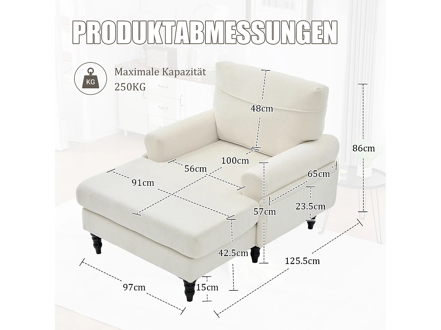 Fauteuil relax en tissu chenille beige - Avec poches latérales