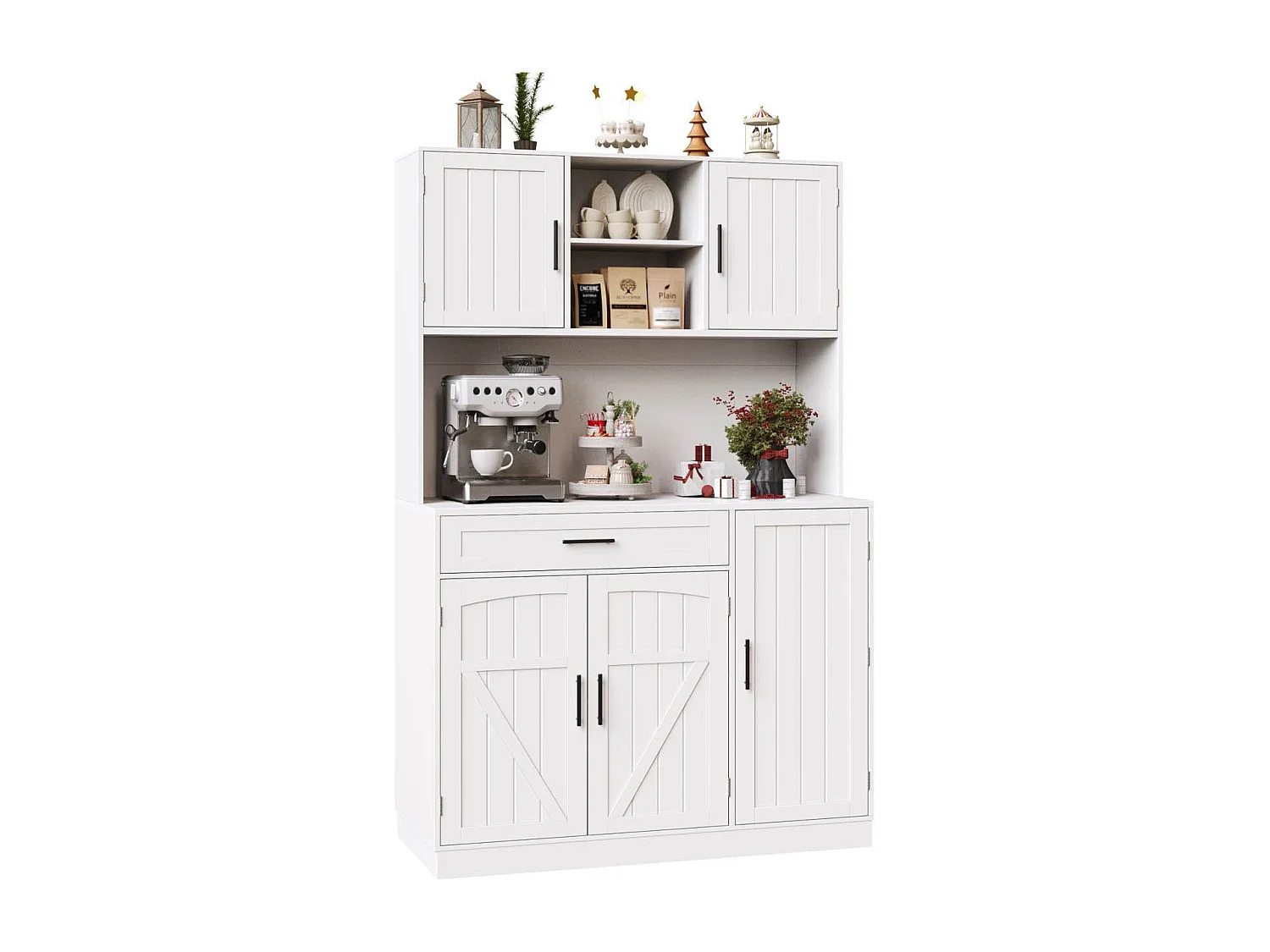 Credenza da cucina 110x38x180 cm con illuminazione a LED, presa elettrica, 5 ante e 1 cassetto - Bianco