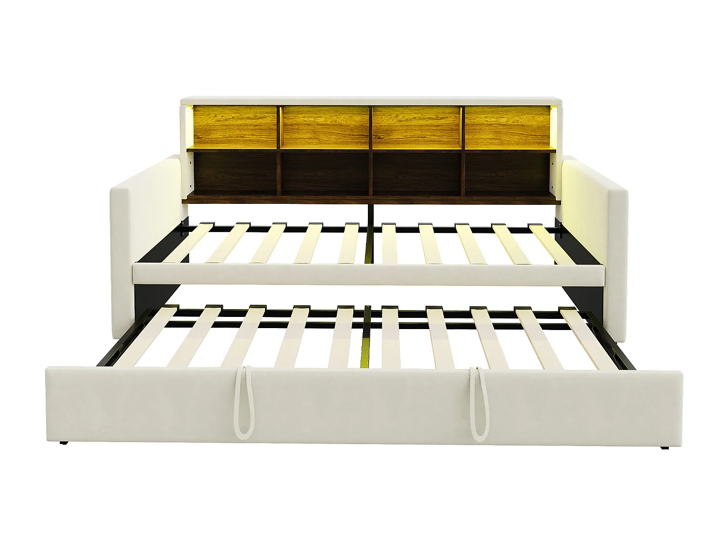 Lit enfant 90x190 cm extensible 180x190 cm - Lit banquette avec LED , Prise de charge et rangement - Velours beige