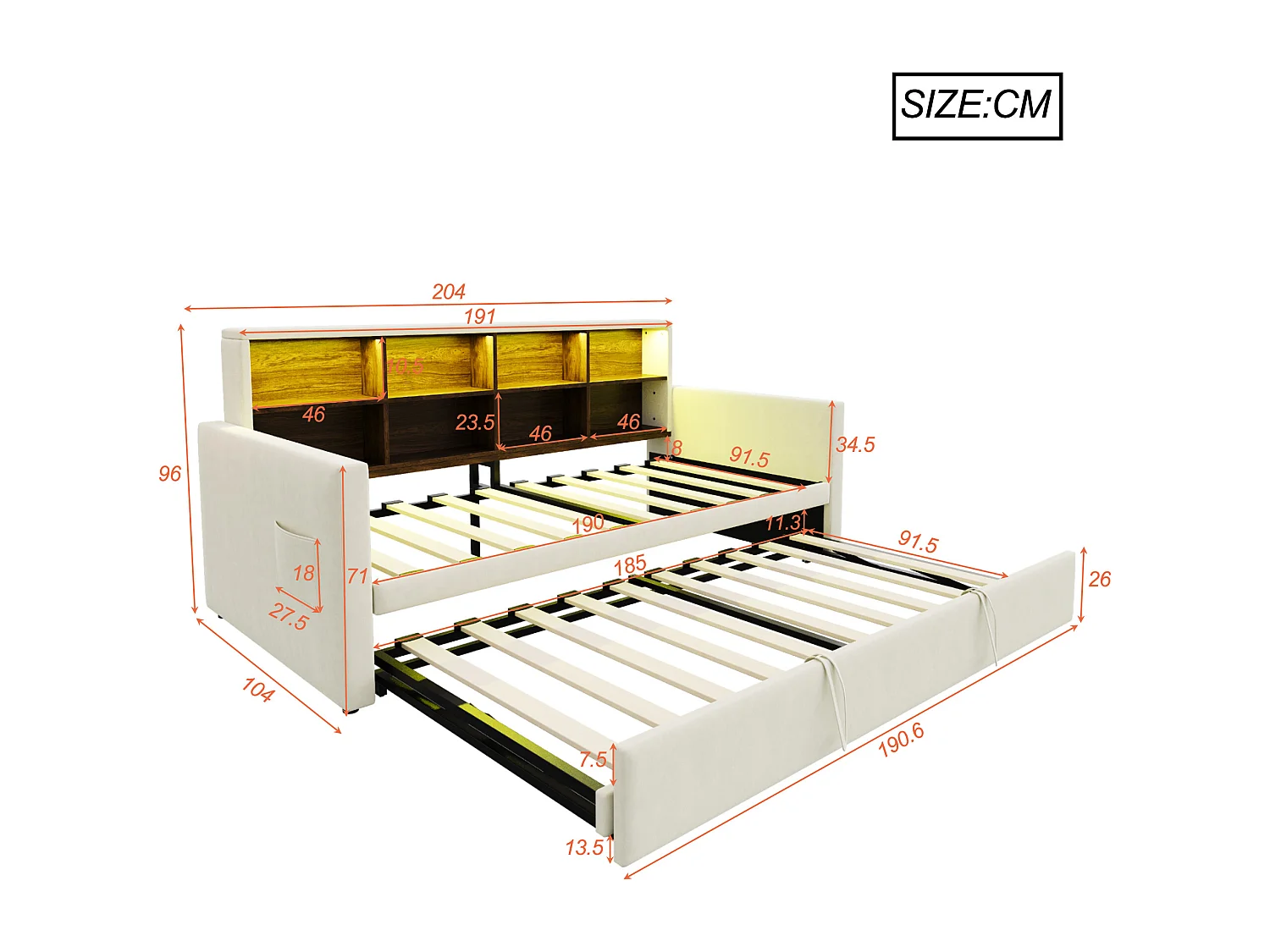 Lit enfant 90x190 cm extensible 180x190 cm - Lit banquette avec LED , Prise de charge et rangement - Velours beige