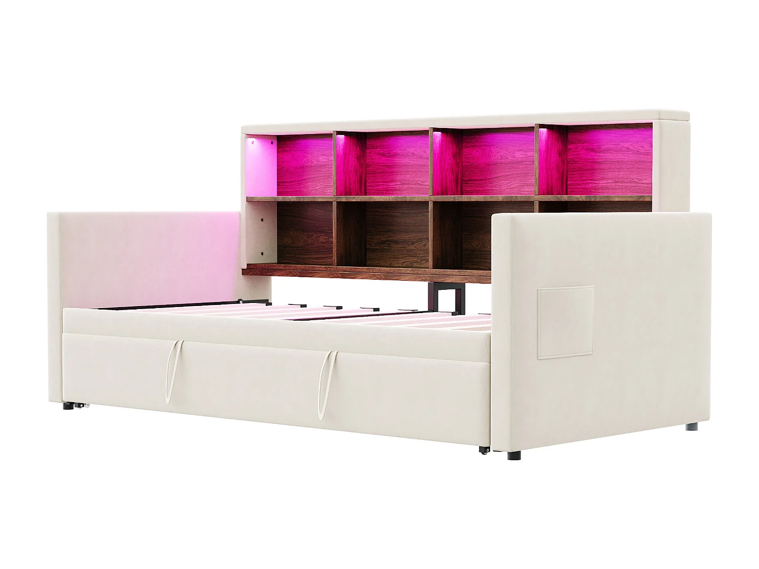 Lit enfant 90x190 cm extensible 180x190 cm - Lit banquette avec LED , Prise de charge et rangement - Velours beige