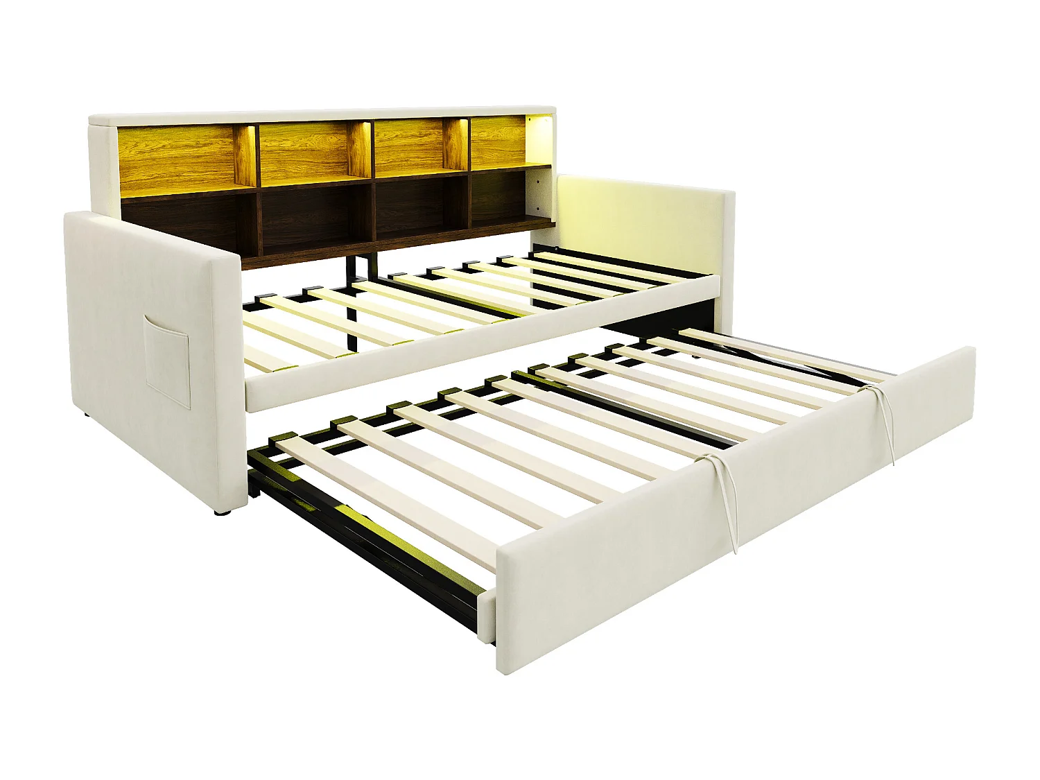 Lit enfant 90x190 cm extensible 180x190 cm - Lit banquette avec LED , Prise de charge et rangement - Velours beige