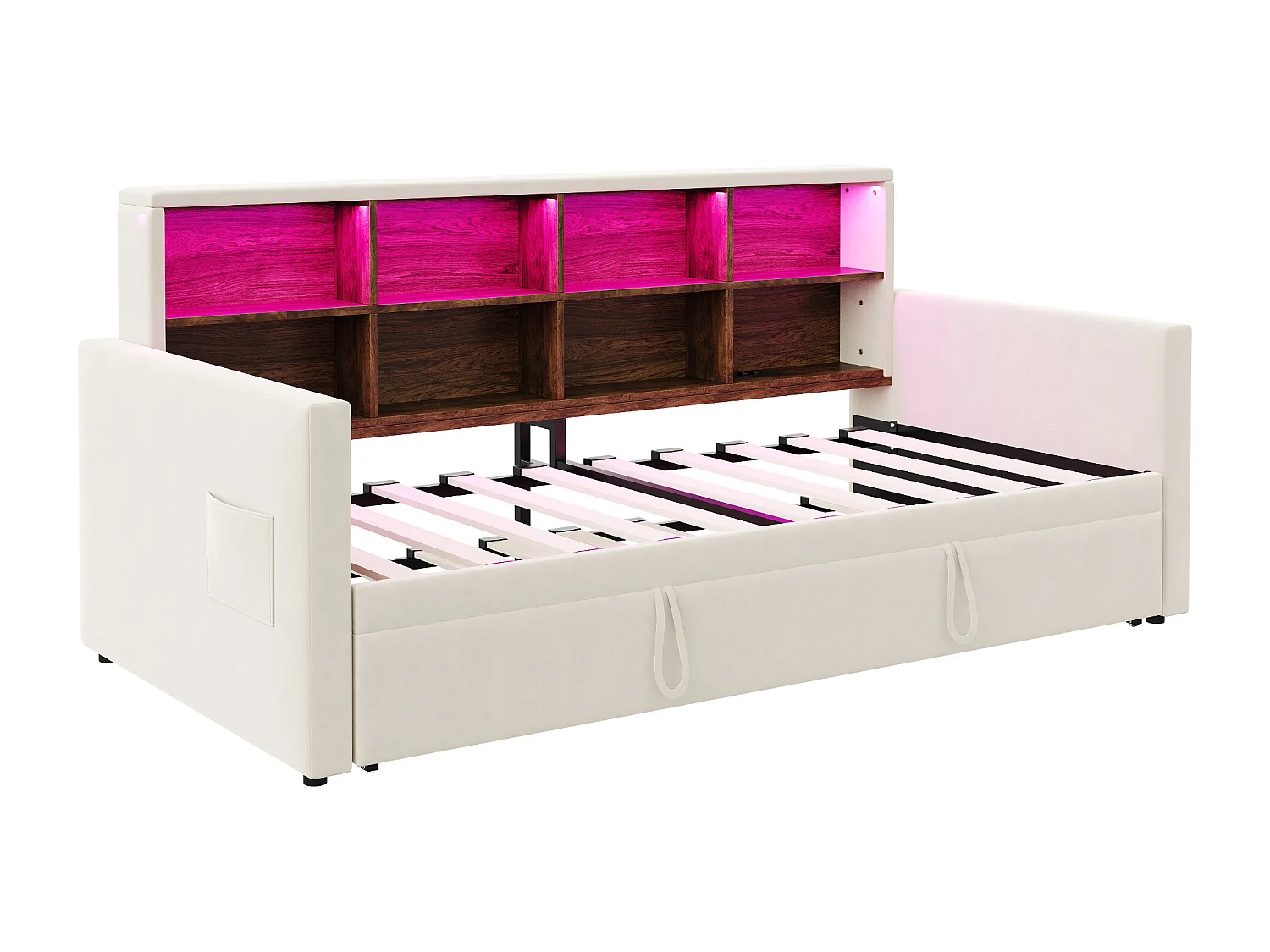 Lit enfant 90x190 cm extensible 180x190 cm - Lit banquette avec LED , Prise de charge et rangement - Velours beige