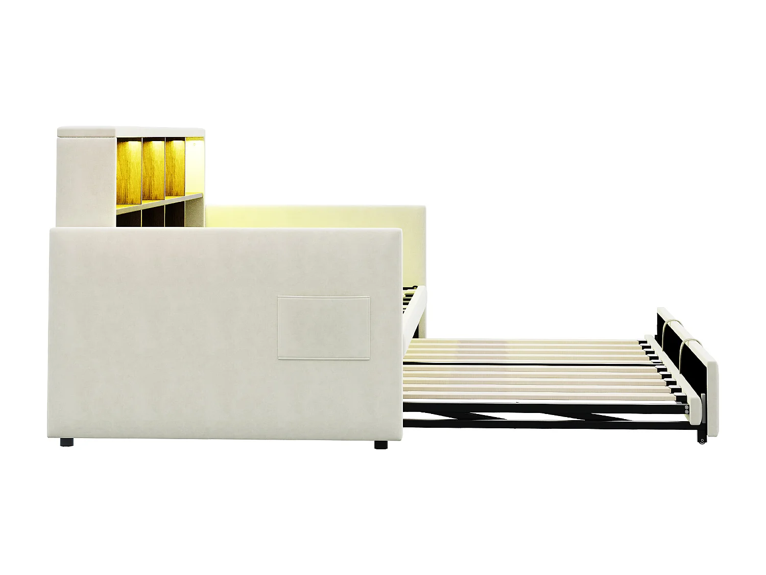 Lit enfant 90x190 cm extensible 180x190 cm - Lit banquette avec LED , Prise de charge et rangement - Velours beige