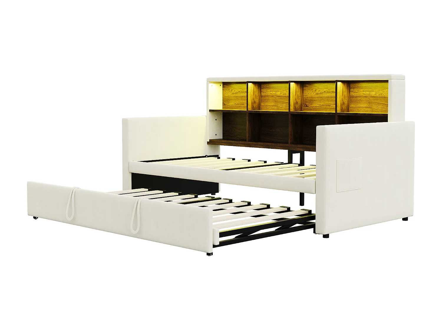 Lit enfant 90x190 cm extensible 180x190 cm - Lit banquette avec LED , Prise de charge et rangement - Velours beige