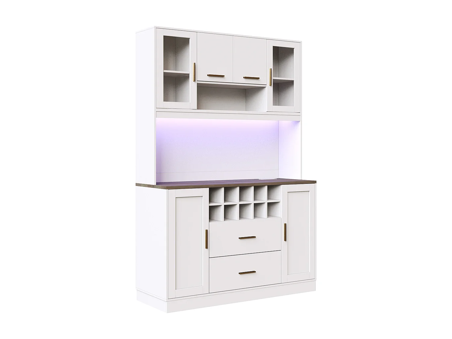 Credenza da cucina con illuminazione a LED e presa elettrica, 6 ante, 2 cassetti - Bianco
