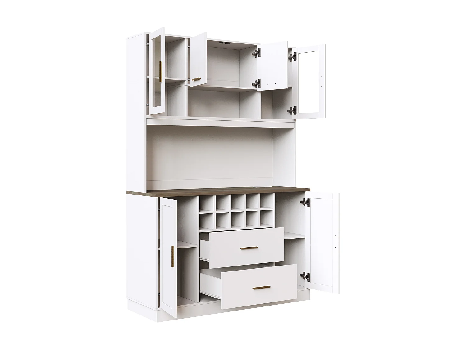 Credenza da cucina con illuminazione a LED e presa elettrica, 6 ante, 2 cassetti - Bianco