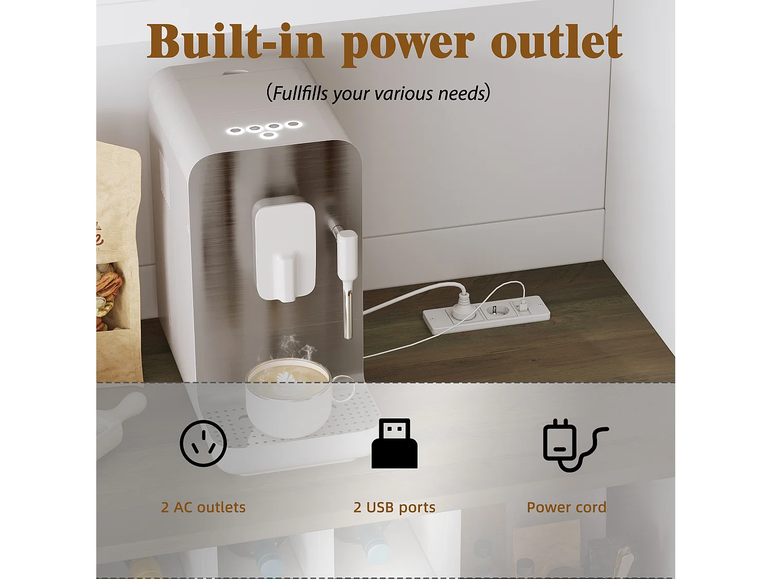 Credenza da cucina con illuminazione a LED e presa elettrica, 6 ante, 2 cassetti - Bianco