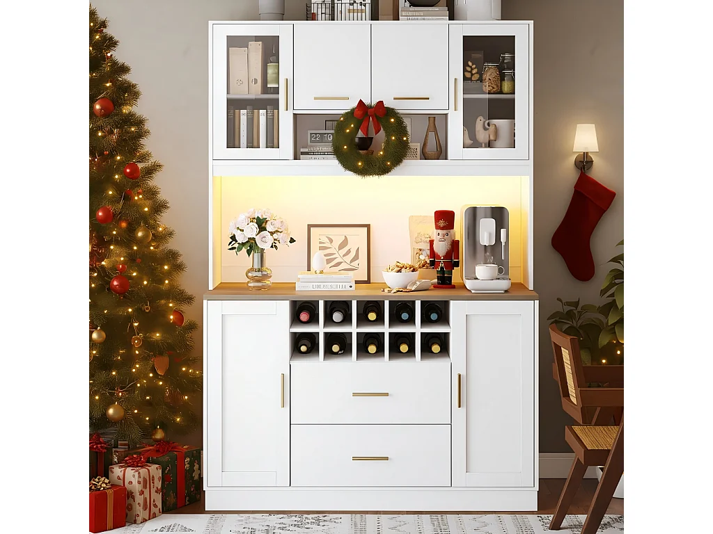 Credenza da cucina con illuminazione a LED e presa elettrica, 6 ante, 2 cassetti - Bianco