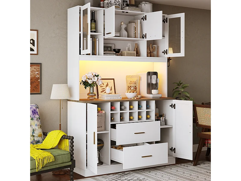 Credenza da cucina con illuminazione a LED e presa elettrica, 6 ante, 2 cassetti - Bianco