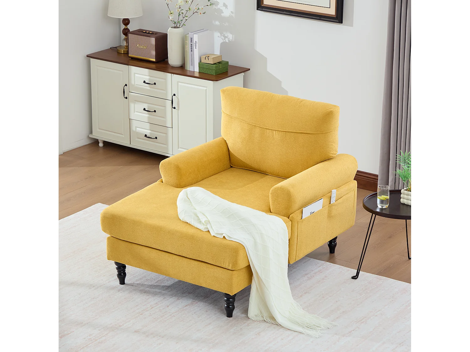 Fauteuil relax en tissu chenille jaune moutarde - Avec poches latérales
