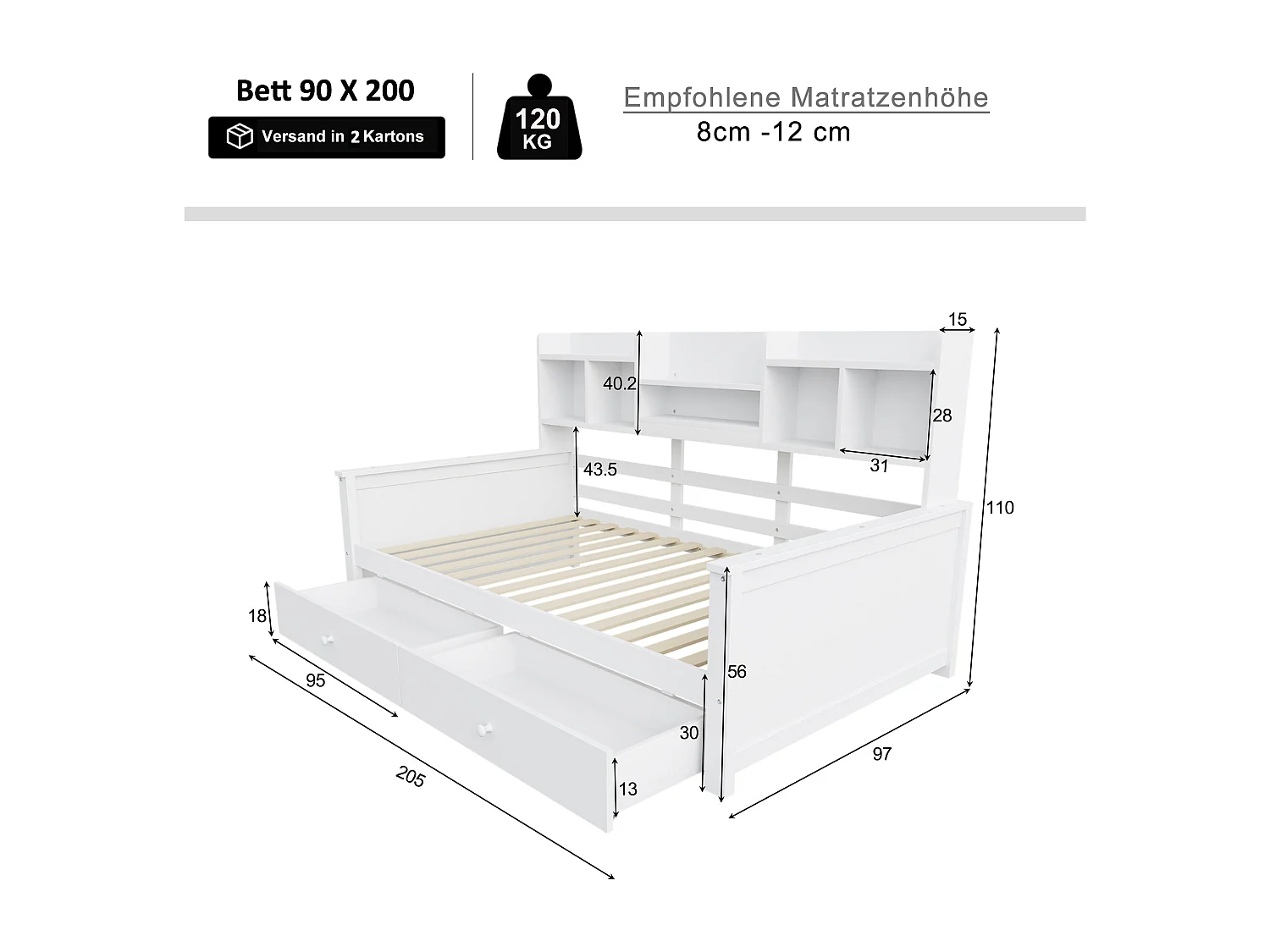 Kinderdagbed 90x200 cm met 2 lades en planken - Beige hout (matras niet inbegrepen)