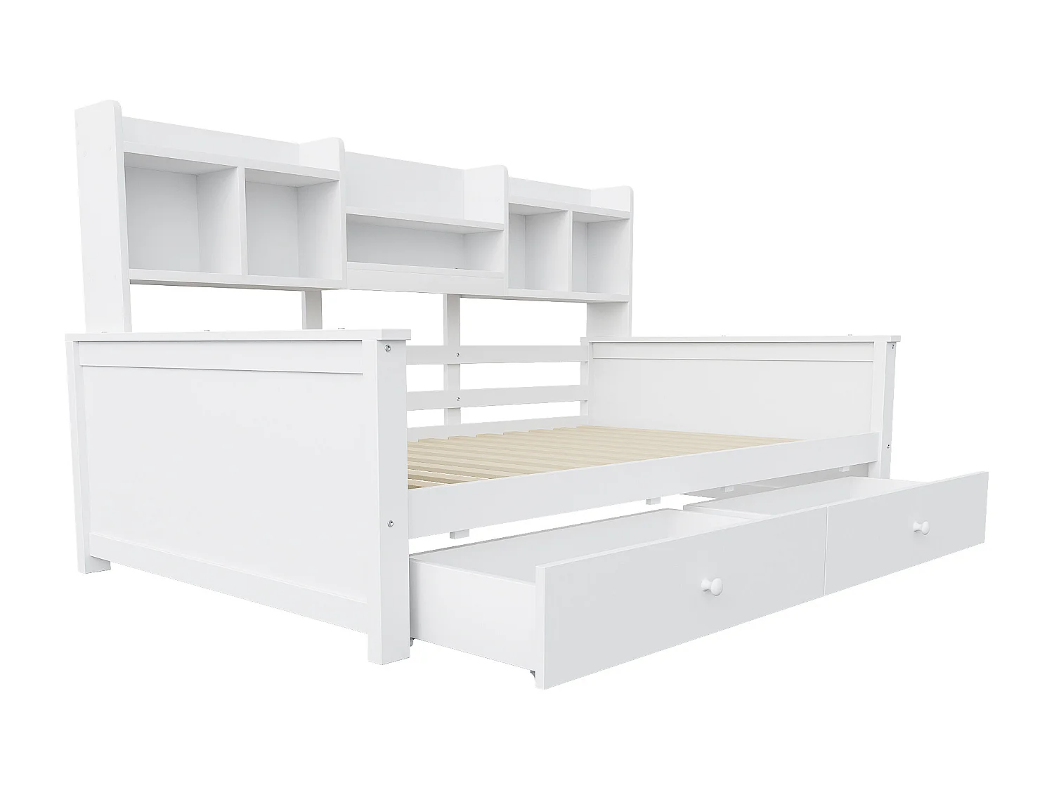 Kinderdagbed 90x200 cm met 2 lades en planken - Beige hout (matras niet inbegrepen)