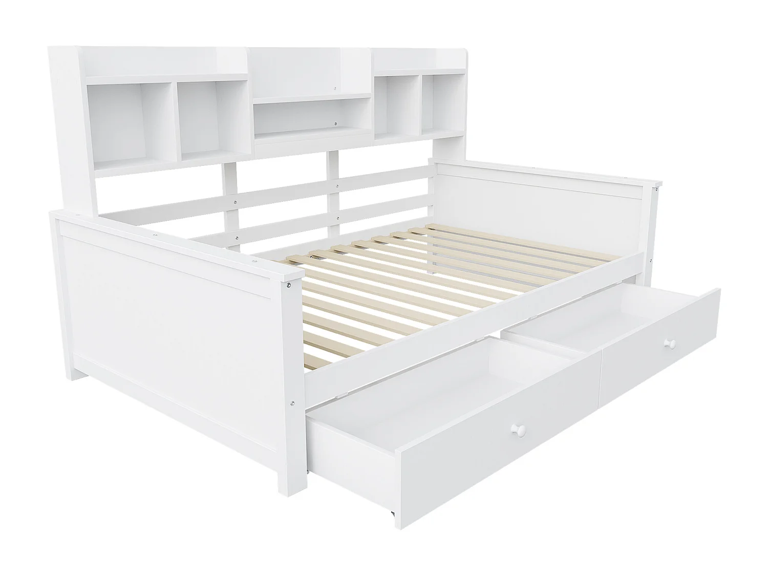 Kinderdagbed 90x200 cm met 2 lades en planken - Beige hout (matras niet inbegrepen)