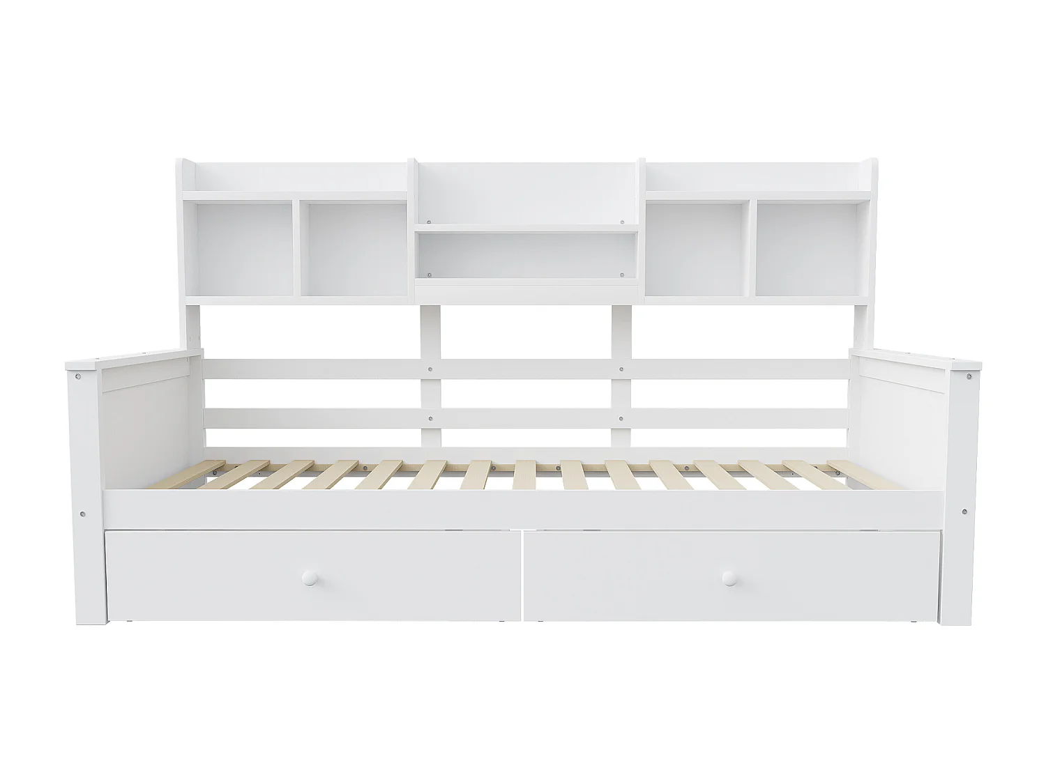 Kinderdagbed 90x200 cm met 2 lades en planken - Beige hout (matras niet inbegrepen)