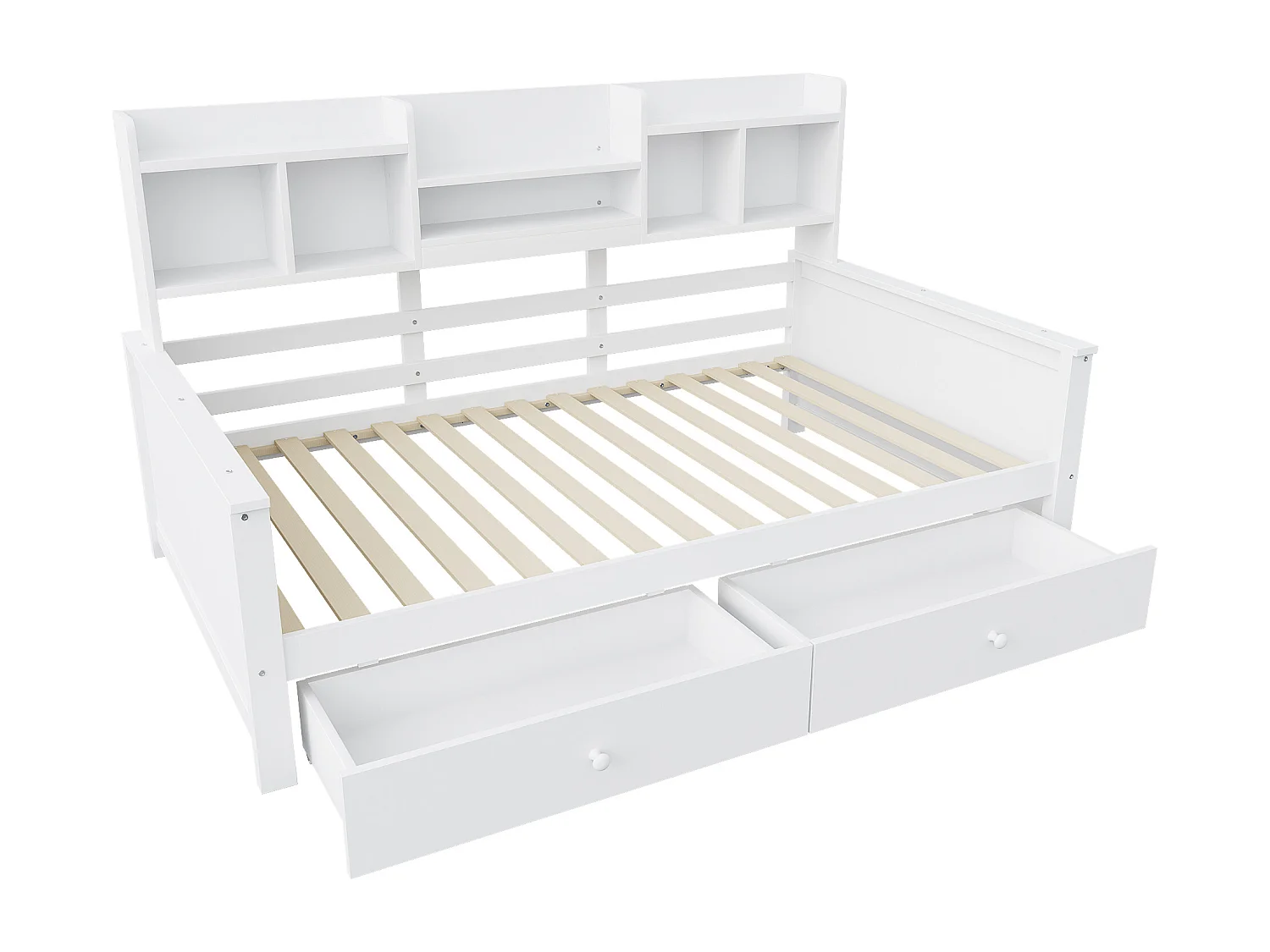 Kinderdagbed 90x200 cm met 2 lades en planken - Beige hout (matras niet inbegrepen)