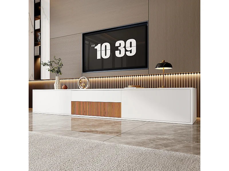 TV-meubel 180 x 34 x 30 cm met projectorplank en 3 deuren - Wit en hout