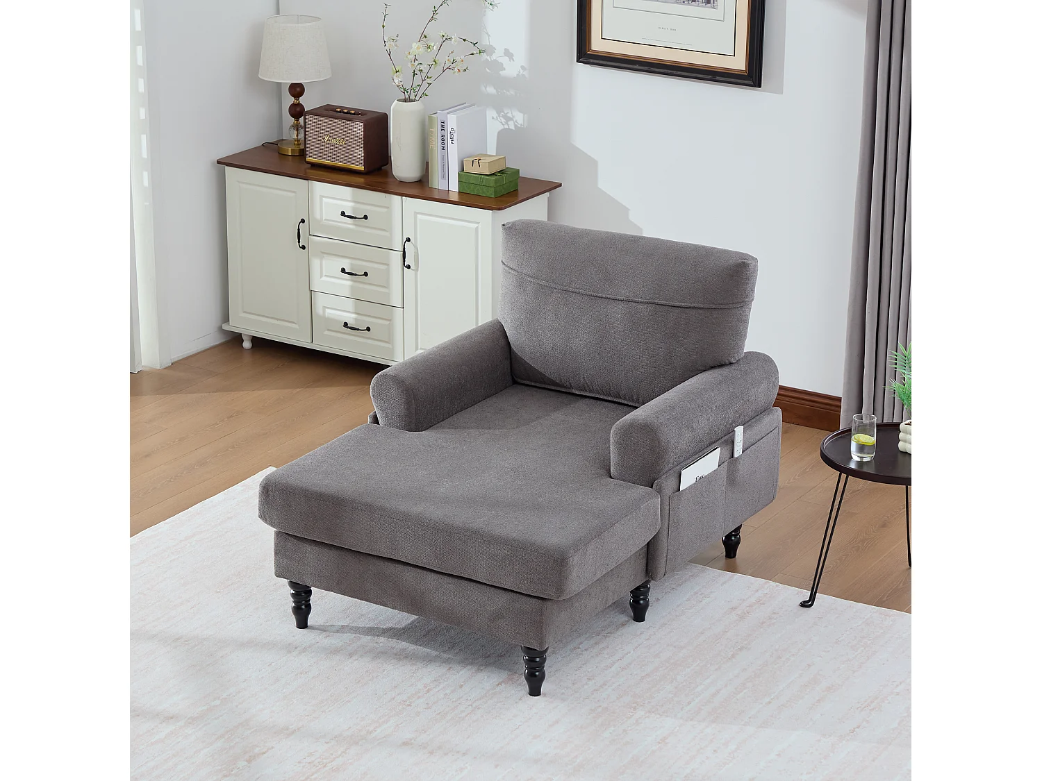 Fauteuil relax en tissu chenille gris foncé - Avec poches latérales