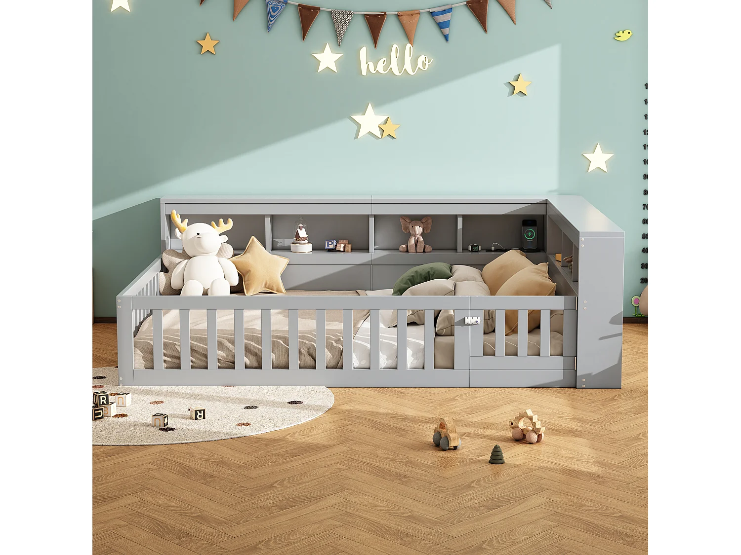 Lit enfant 140x190 cm au sol avec prise, rangements et sommier à lattes - Gris