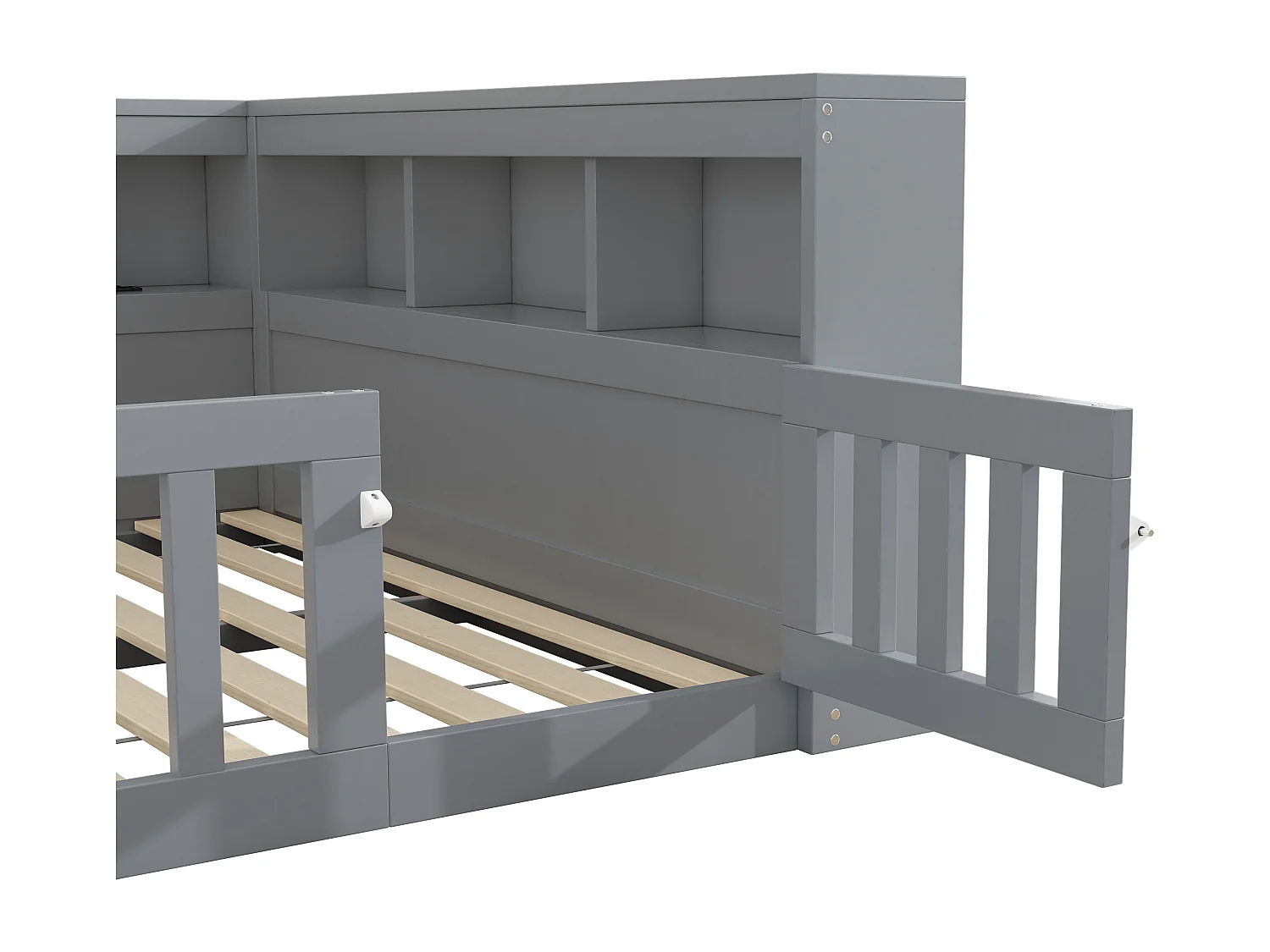 Lit enfant 140x190 cm au sol avec prise, rangements et sommier à lattes - Gris