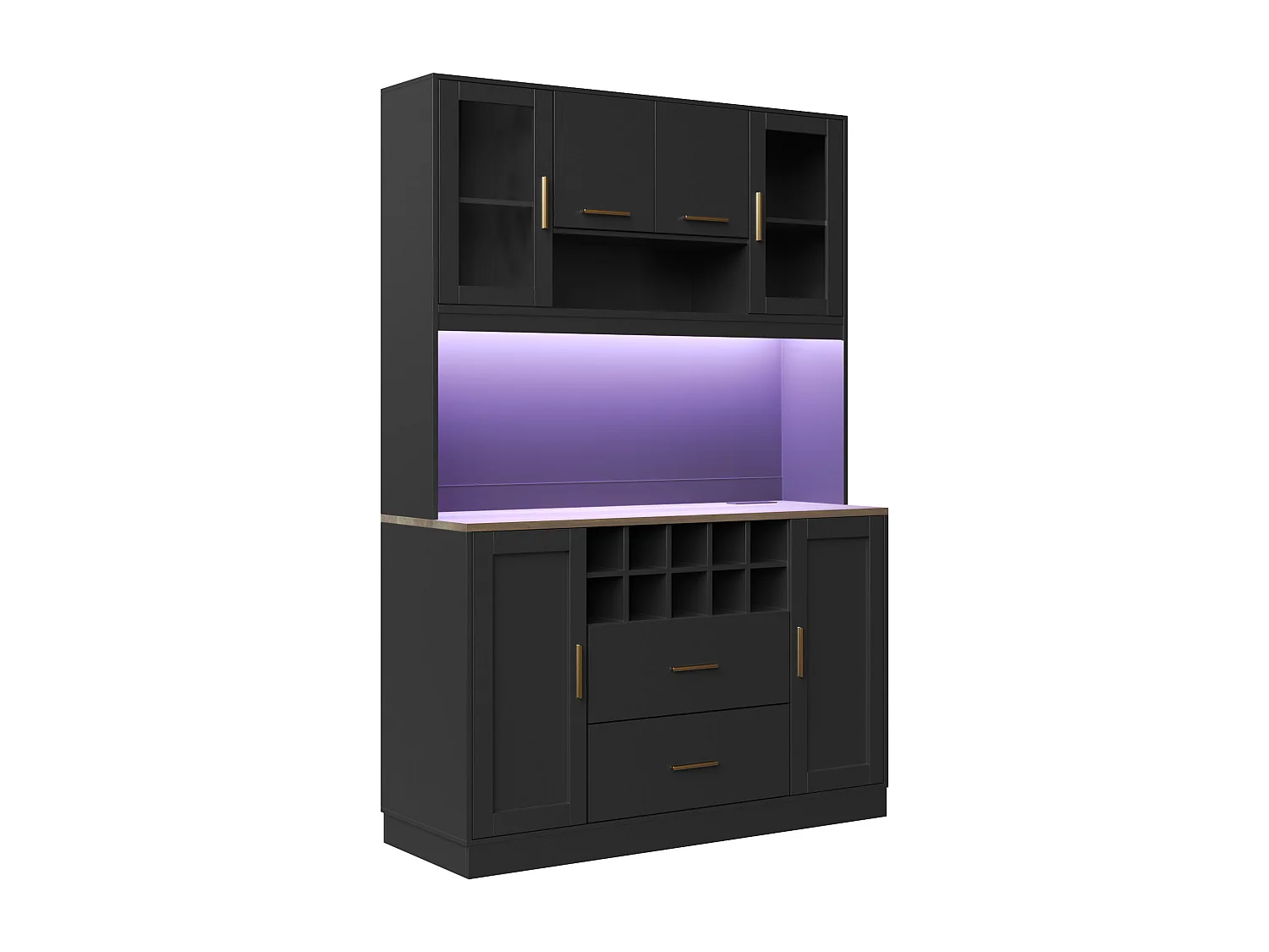 Credenza da cucina con illuminazione a LED e presa elettrica, 6 ante, 2 cassetti - Nero