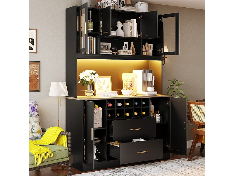 Credenza da cucina con illuminazione a LED e presa elettrica, 6 ante, 2 cassetti - Nero