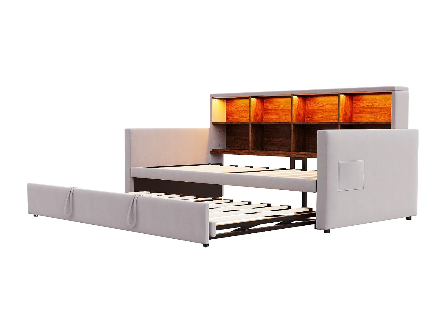 Lit enfant 90x190 cm extensible 180x190 cm - Lit banquette avec LED , Prise de charge et rangement - Velours gris clair