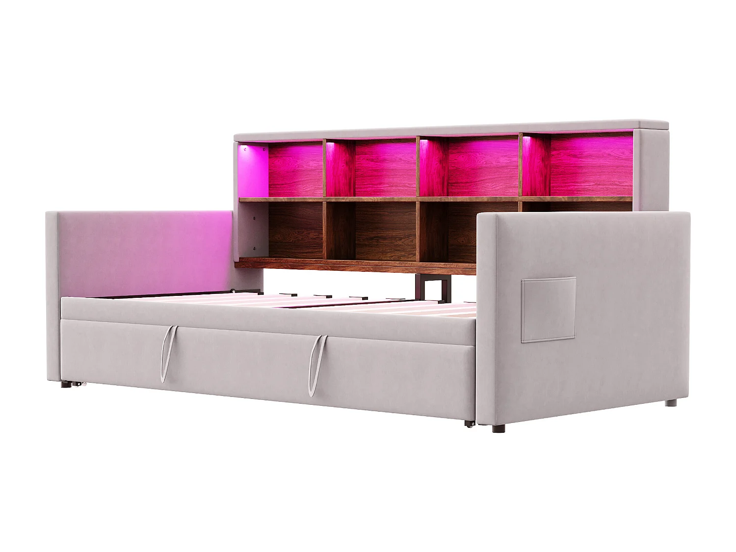 Lit enfant 90x190 cm extensible 180x190 cm - Lit banquette avec LED , Prise de charge et rangement - Velours gris clair