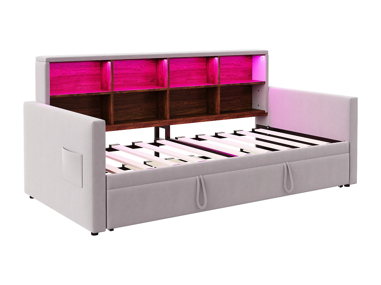 Lit enfant 90x190 cm extensible 180x190 cm - Lit banquette avec LED , Prise de charge et rangement - Velours gris clair