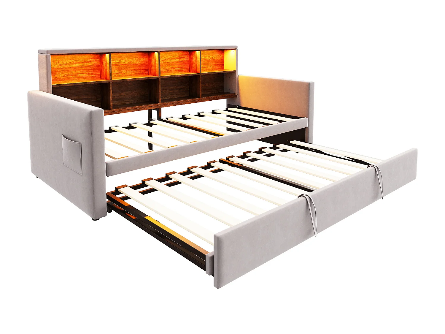 Lit enfant 90x190 cm extensible 180x190 cm - Lit banquette avec LED , Prise de charge et rangement - Velours gris clair