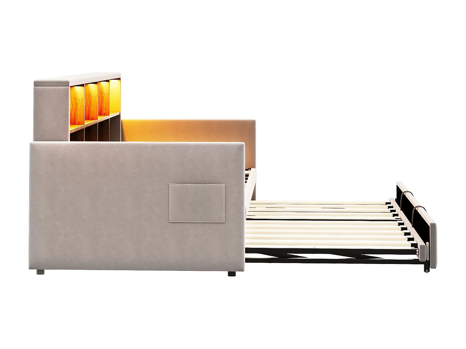 Lit enfant 90x190 cm extensible 180x190 cm - Lit banquette avec LED , Prise de charge et rangement - Velours gris clair