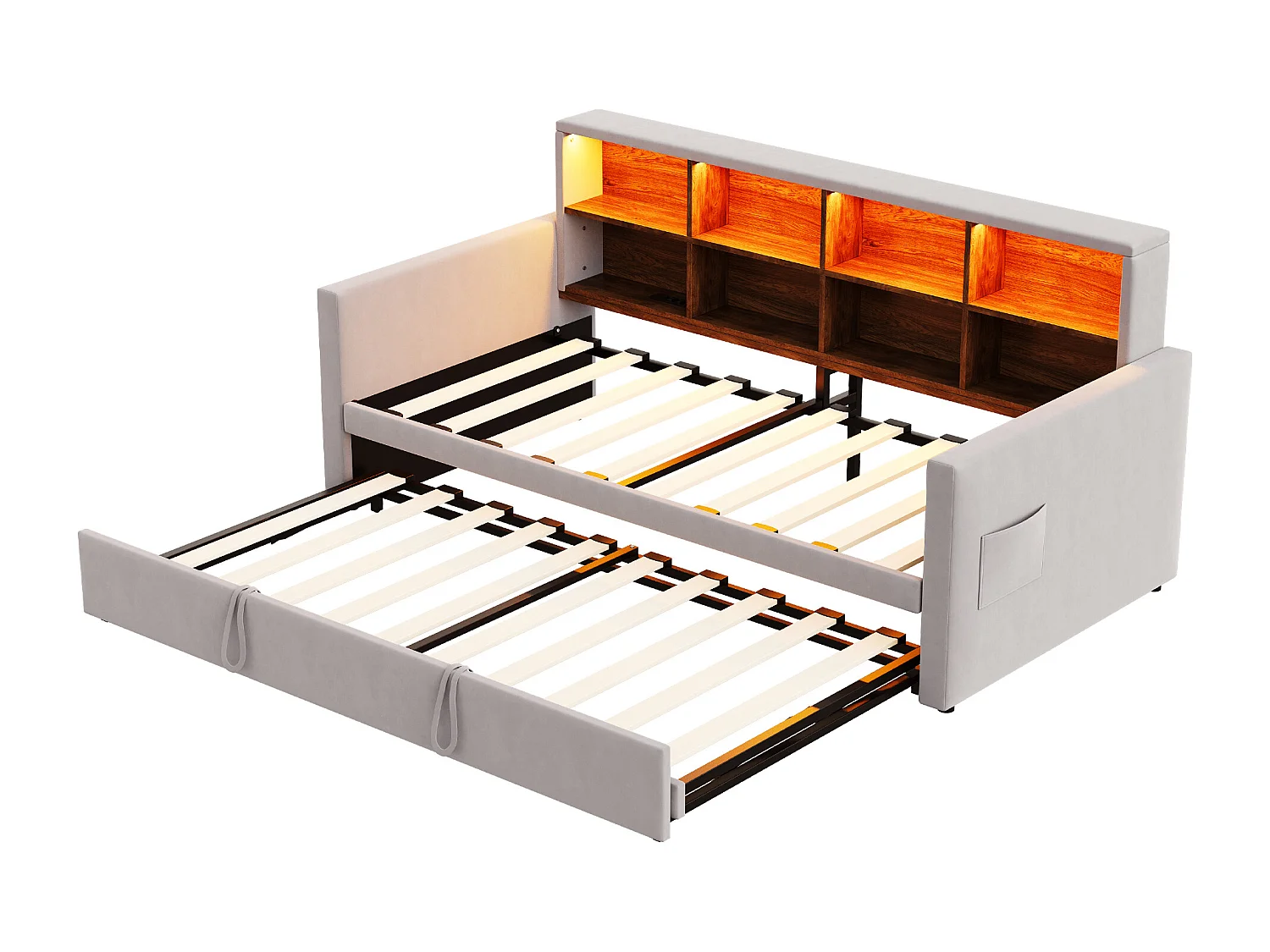 Lit enfant 90x190 cm extensible 180x190 cm - Lit banquette avec LED , Prise de charge et rangement - Velours gris clair