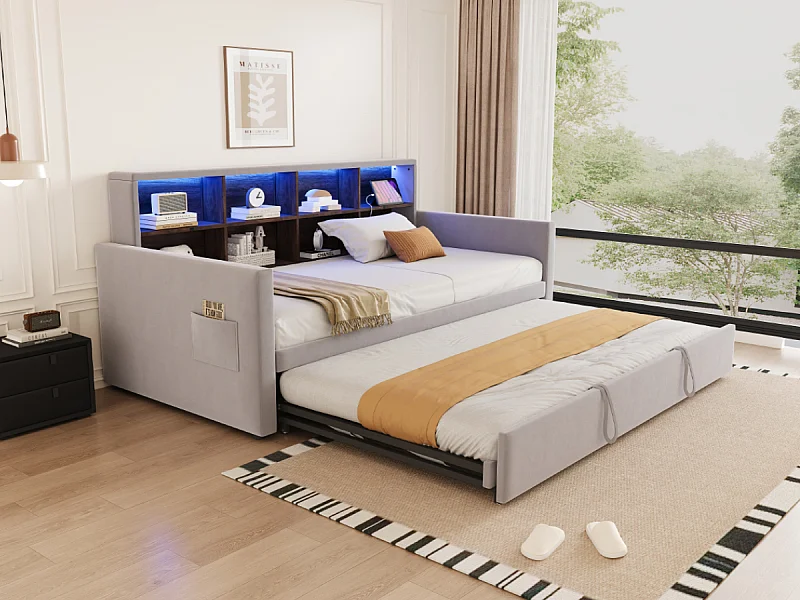 Lit enfant 90x190 cm extensible 180x190 cm - Lit banquette avec LED , Prise de charge et rangement - Velours gris clair