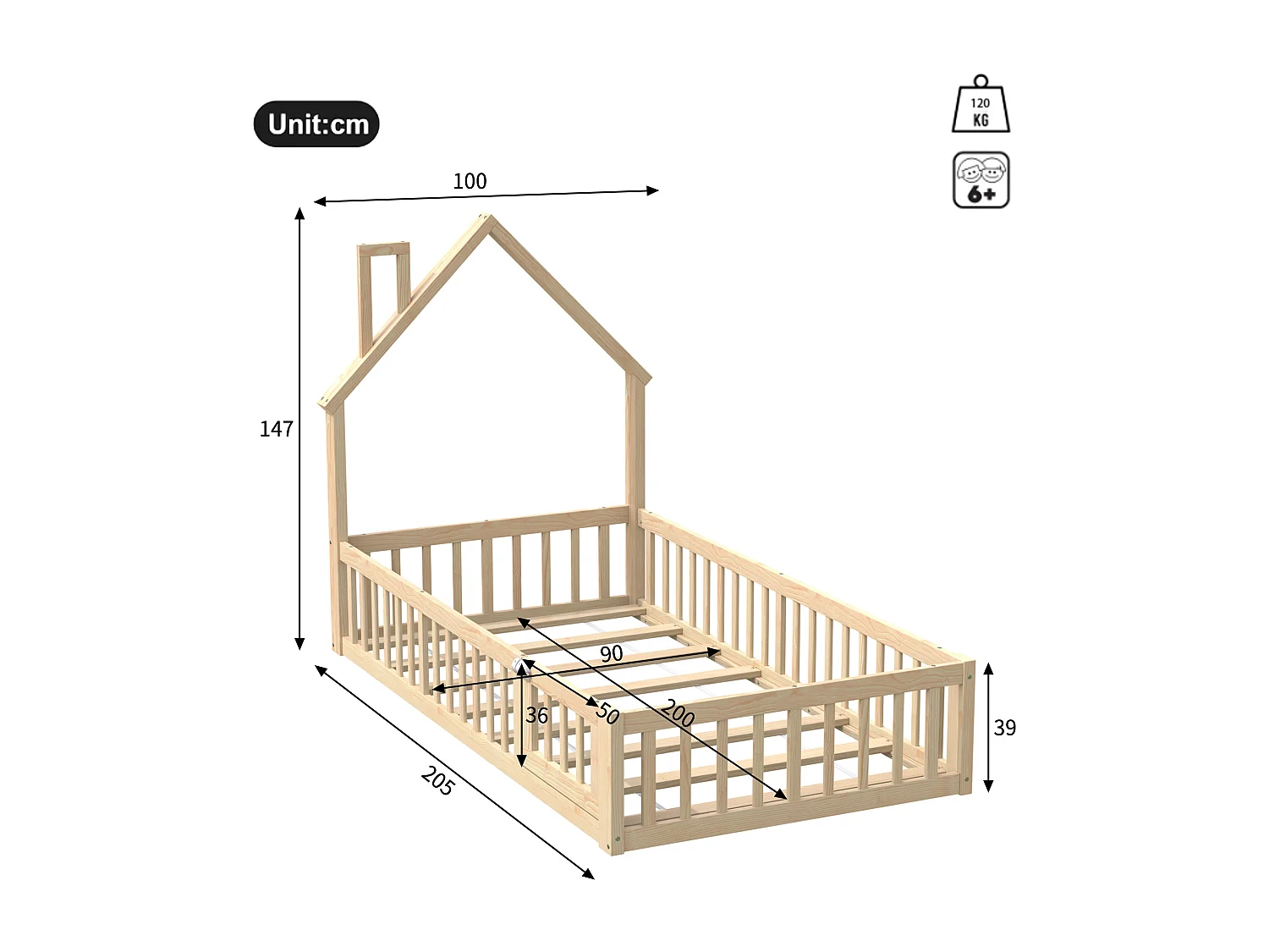 Lit cabane enfant 90 x 200 cm en forme de cheminée - Bois en pin et MDF - Naturel clair