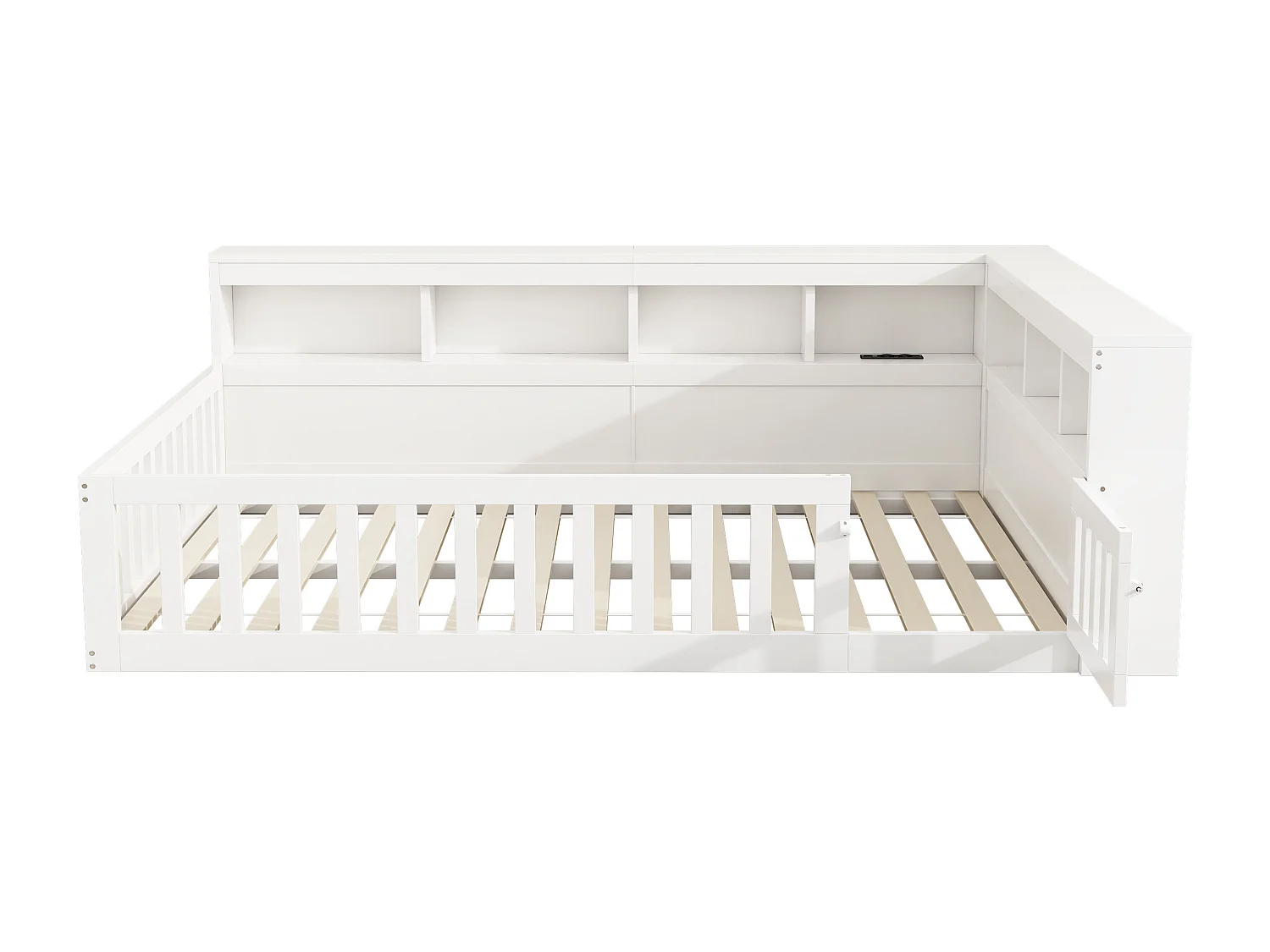 Lit double 140x200 cm au sol avec prise et rangements - Lit enfant en bois pin et MDF - Blanc