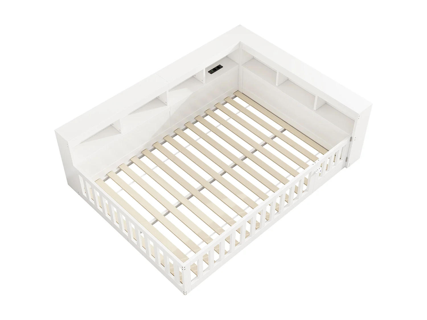 Lit double 140x200 cm au sol avec prise et rangements - Lit enfant en bois pin et MDF - Blanc