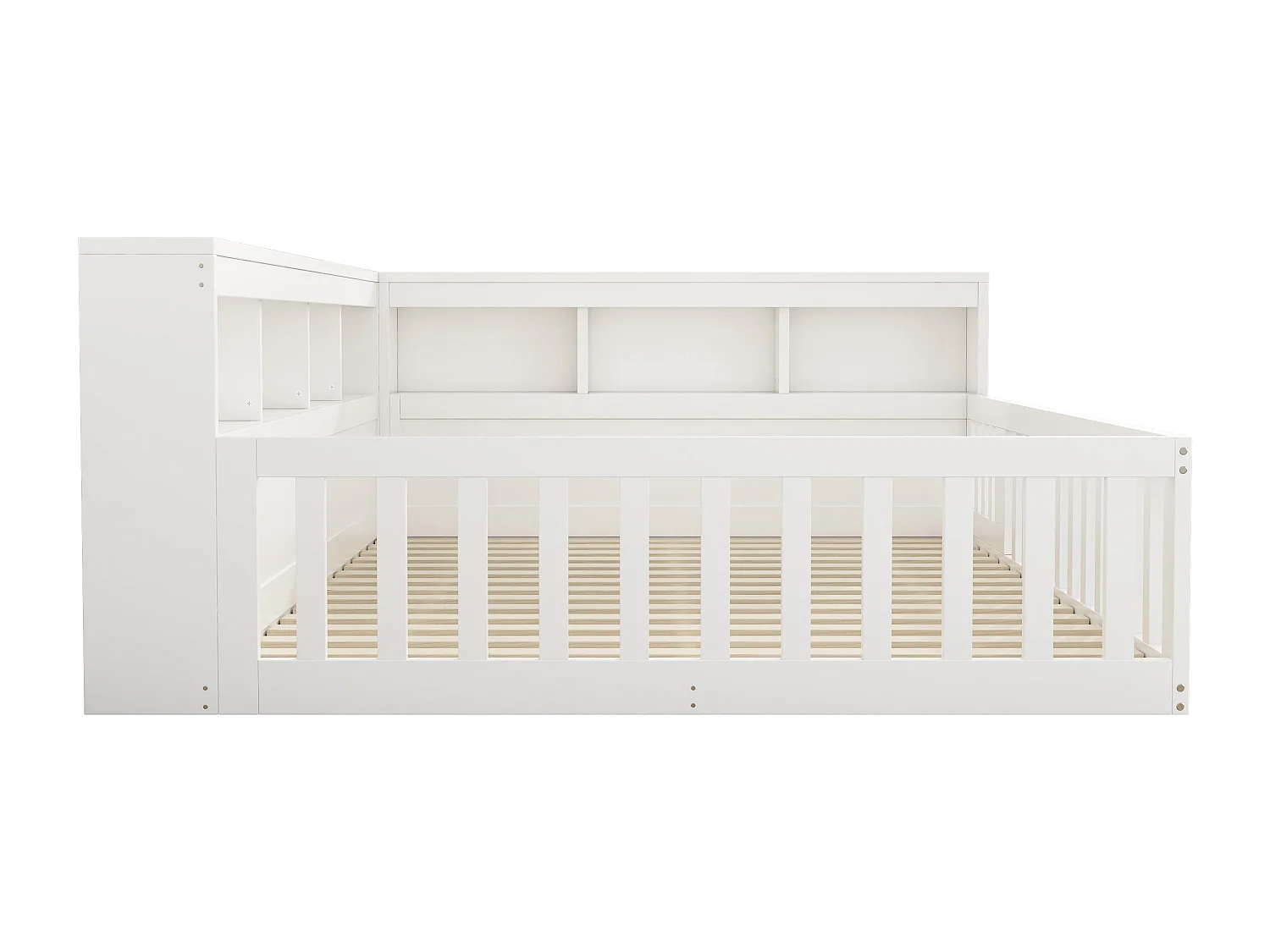 Lit double 140x200 cm au sol avec prise et rangements - Lit enfant en bois pin et MDF - Blanc