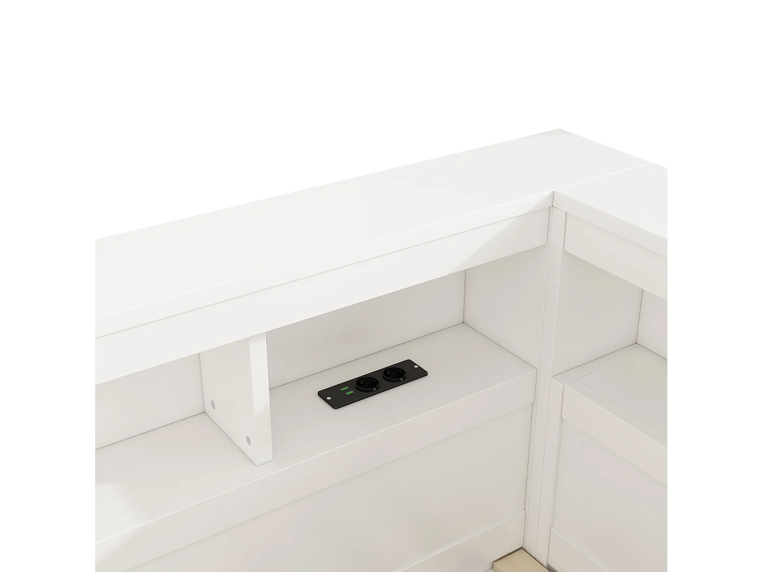 Lit double 140x200 cm au sol avec prise et rangements - Lit enfant en bois pin et MDF - Blanc