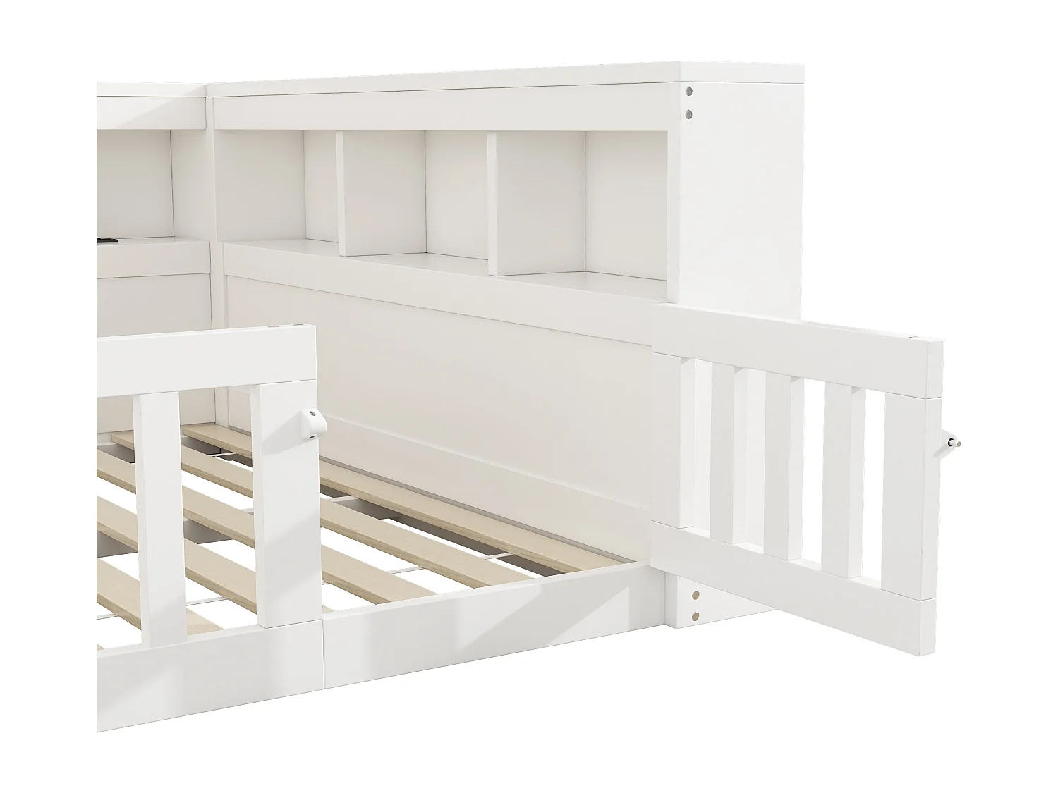 Lit double 140x200 cm au sol avec prise et rangements - Lit enfant en bois pin et MDF - Blanc