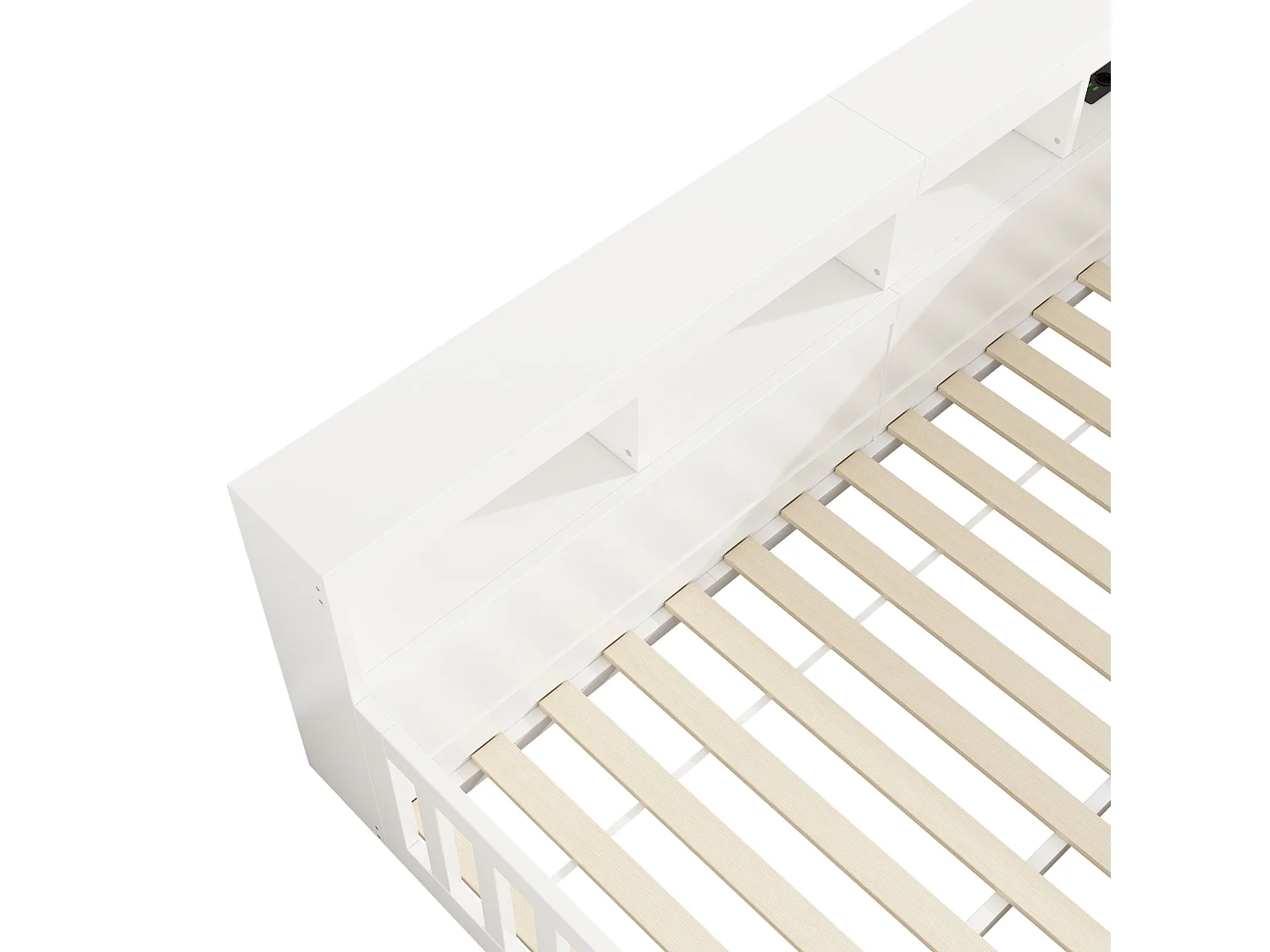 Lit double 140x200 cm au sol avec prise et rangements - Lit enfant en bois pin et MDF - Blanc