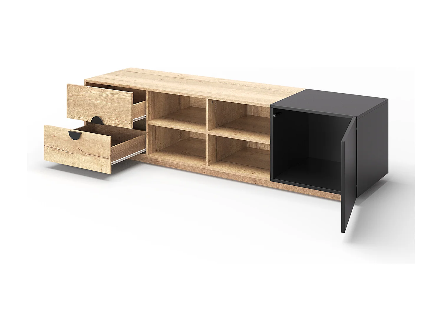 TV-meubel met LED-verlichting, 2 lades en een deur - Hout en zwart