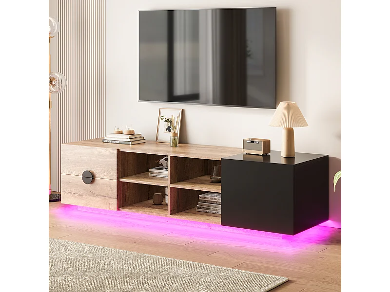 TV-meubel met LED-verlichting, 2 lades en een deur - Hout en zwart