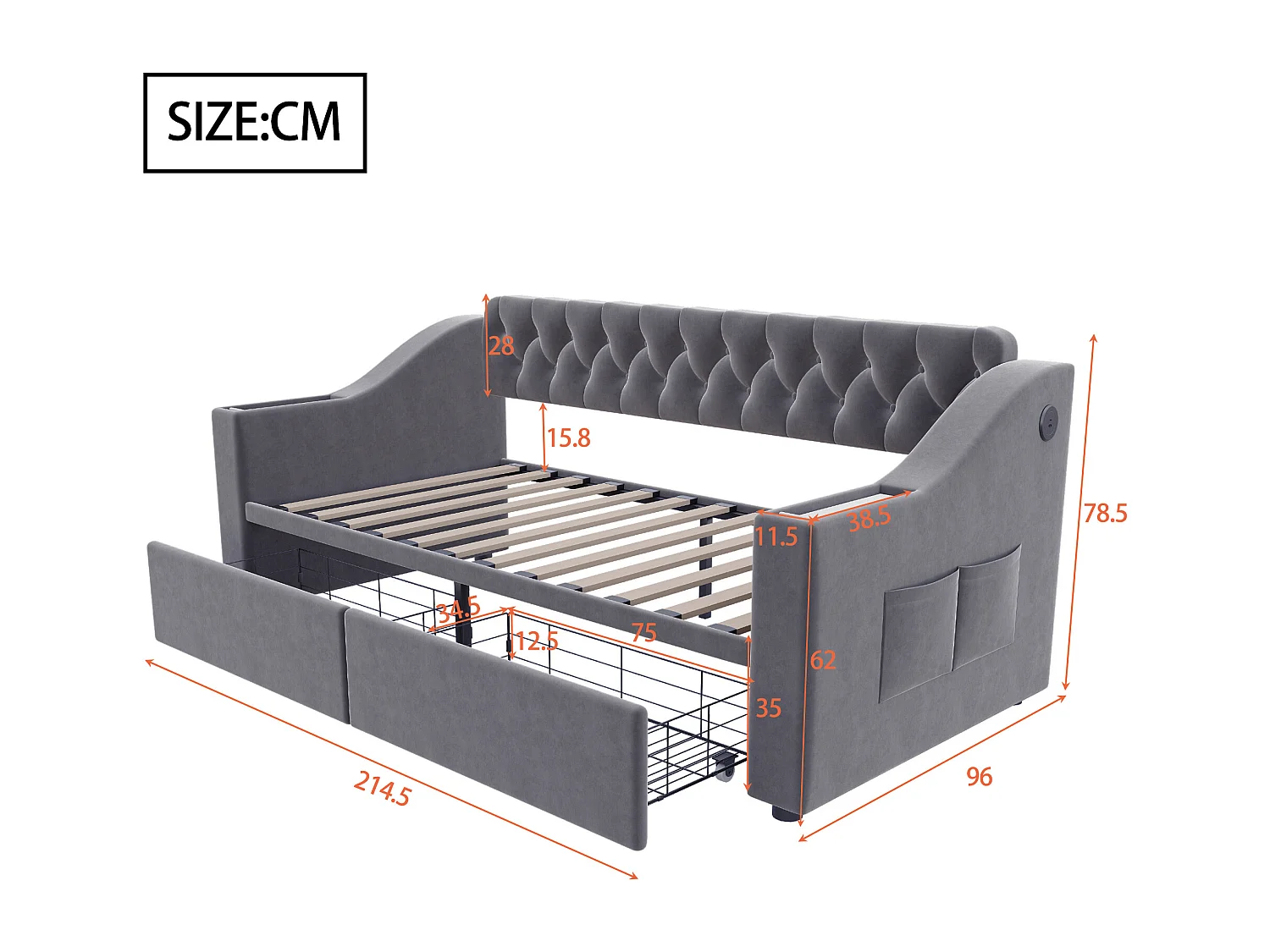 Lit banquette enfant 90x190 cm avec ports USB/Type-C et 2 tiroirs - Velours gris foncé