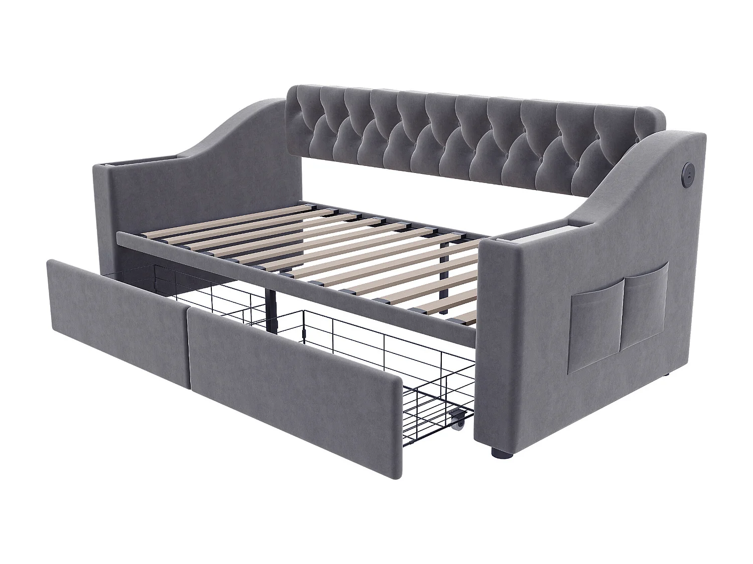 Lit banquette enfant 90x190 cm avec ports USB/Type-C et 2 tiroirs - Velours gris foncé