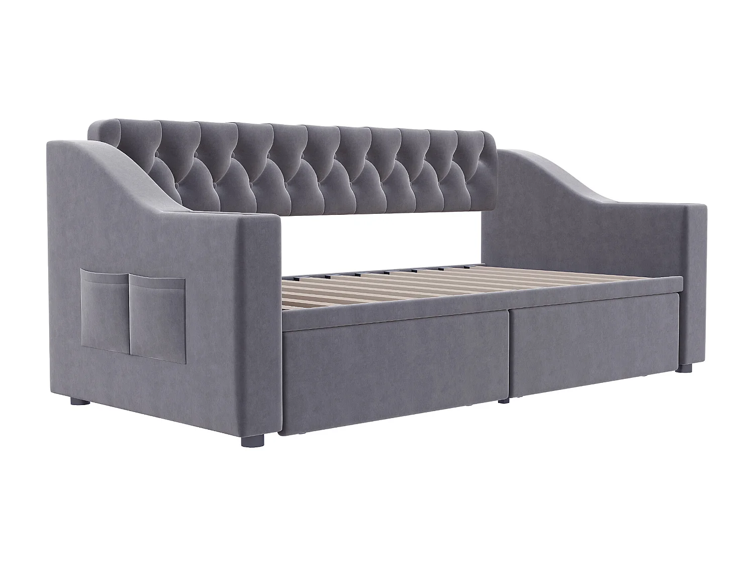 Lit banquette enfant 90x190 cm avec ports USB/Type-C et 2 tiroirs - Velours gris foncé