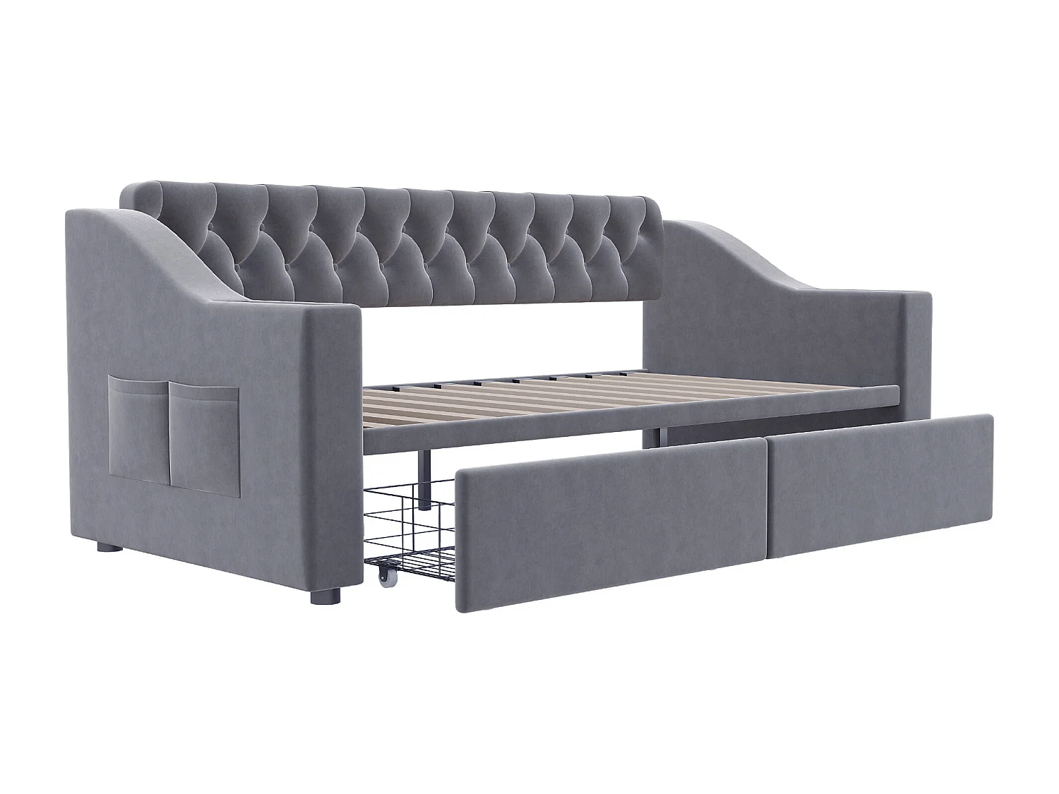 Lit banquette enfant 90x190 cm avec ports USB/Type-C et 2 tiroirs - Velours gris foncé