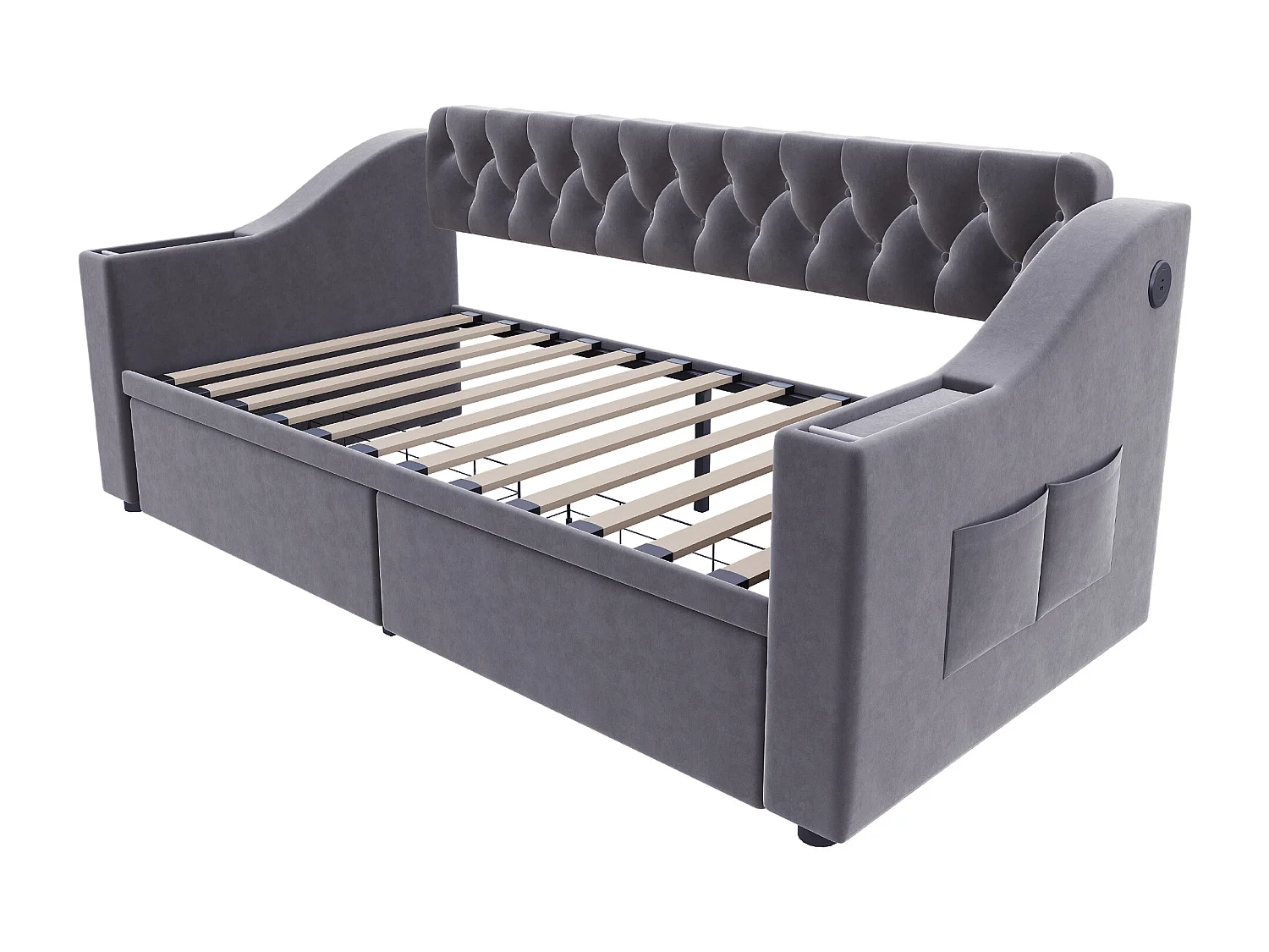 Lit banquette enfant 90x190 cm avec ports USB/Type-C et 2 tiroirs - Velours gris foncé
