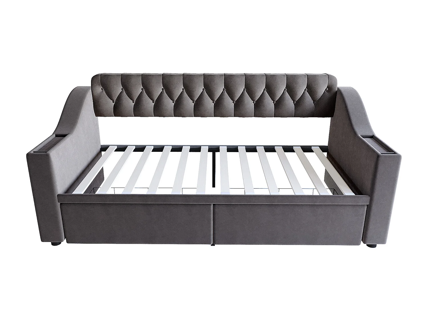 Lit banquette enfant 90x190 cm avec ports USB/Type-C et 2 tiroirs - Velours gris foncé