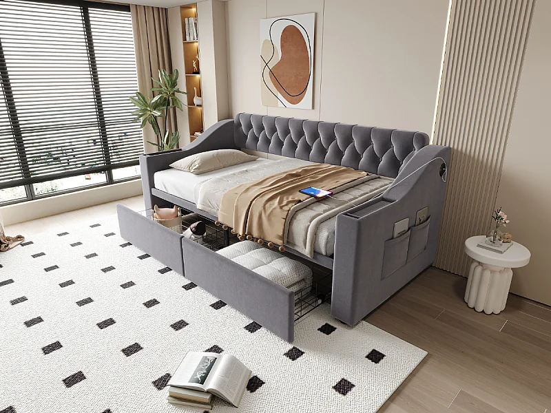 Lit banquette enfant 90x190 cm avec ports USB/Type-C et 2 tiroirs - Velours gris foncé